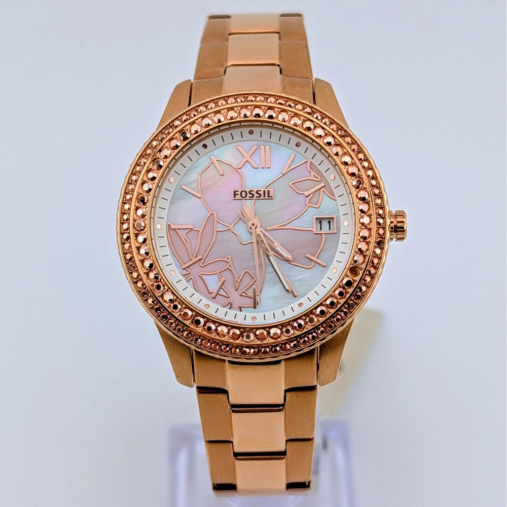 Fossil Stella ES5192 Women's Rose Gold MOP Crystal Bezel Watch NWT 7.5" READ